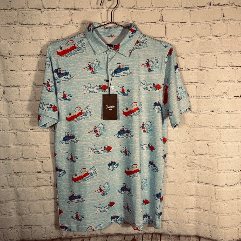 NEW Waggle Golf Polo Shirt Mens Small Blue Water Sports Jet Ski Boat Print NWT - Picture 1 of 8